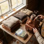Opengeklapte rugzak met opgerolde kleding en een regenjas op een houten vloer