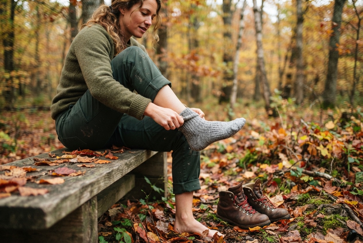 Grijze wollen wandelsok wordt aangetrokken naast een paar wandelschoenen