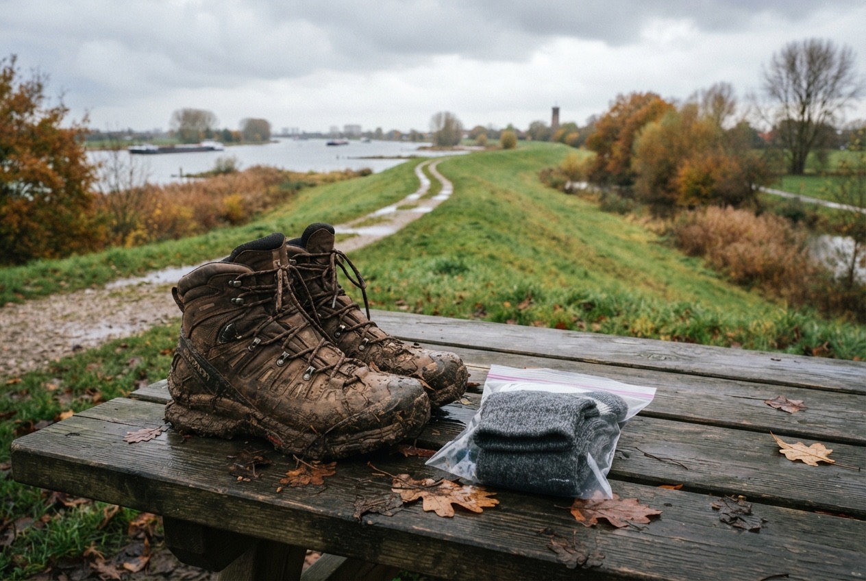 Reservepaar wandelsokken in een zakje naast modderige wandelschoenen